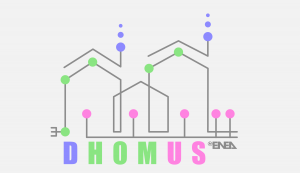 Logo Enea Dhomus, rappresentato da case di diversa grandezza, interconnessi e comunicanti attraverso dei points telematici
