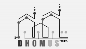 Logo Enea Dhomus, rappresentato da case di diversa grandezza, interconnessi e comunicanti attraverso dei points telematici